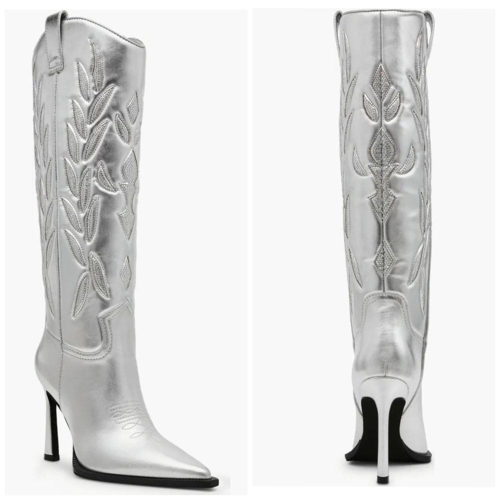 🔹️Steve Madden🔹️ Kinzee Rhinestone Stiletto Western Tall Dress Boots In Silver